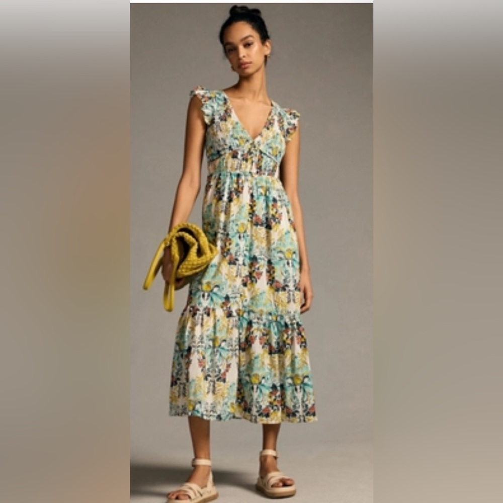 Anthropologie The Peregrine Dress V-Neck Ruffle Cap sleeves, smocked bodice